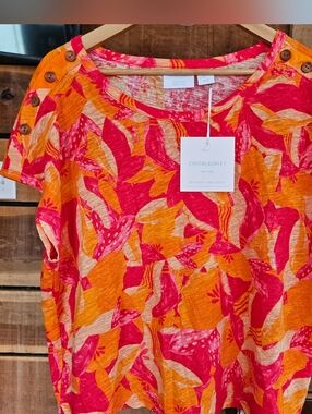 Cynthia Rowley Linen Blend Pink & Orange Novelty-Print Short Sleeve Boxy Top XL